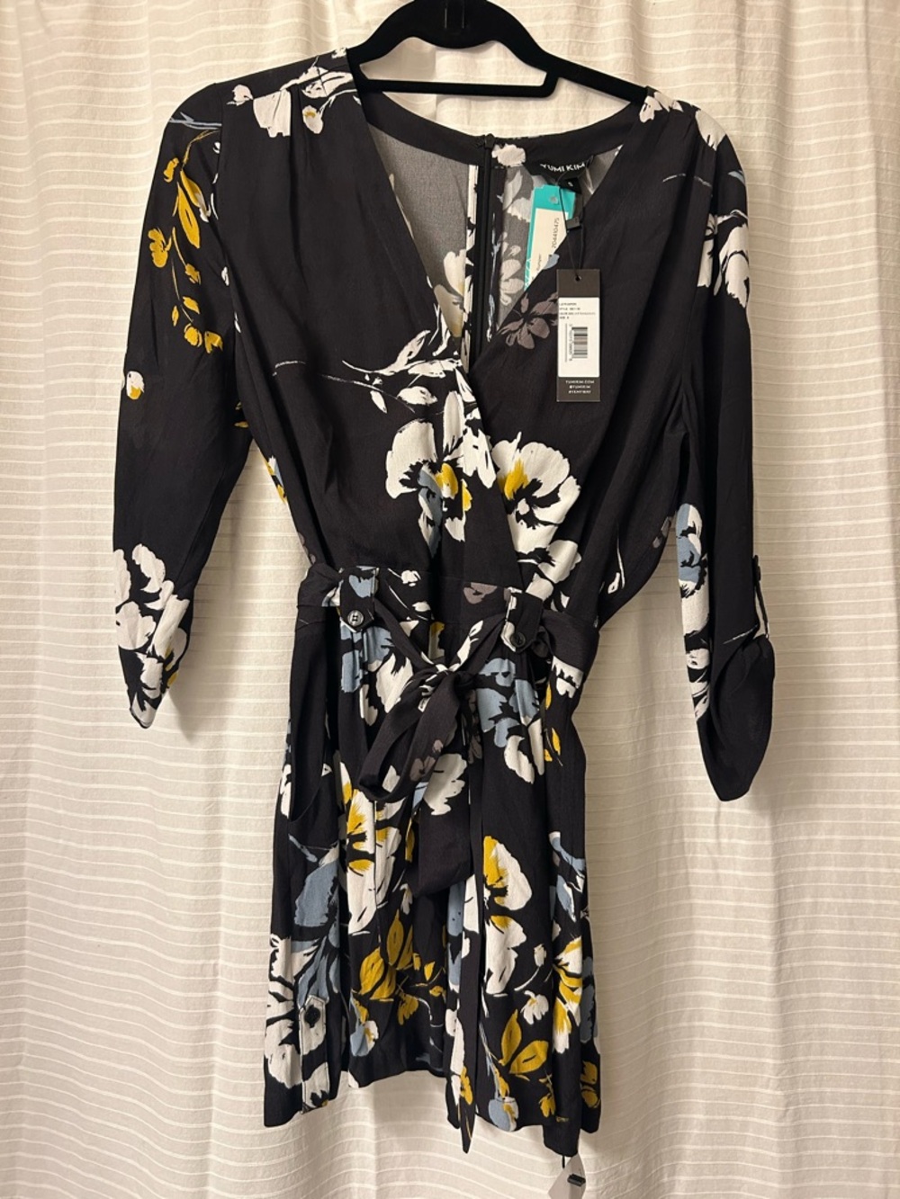 Yumi Kim Black Floral Mini Wrap Dress with Belt
